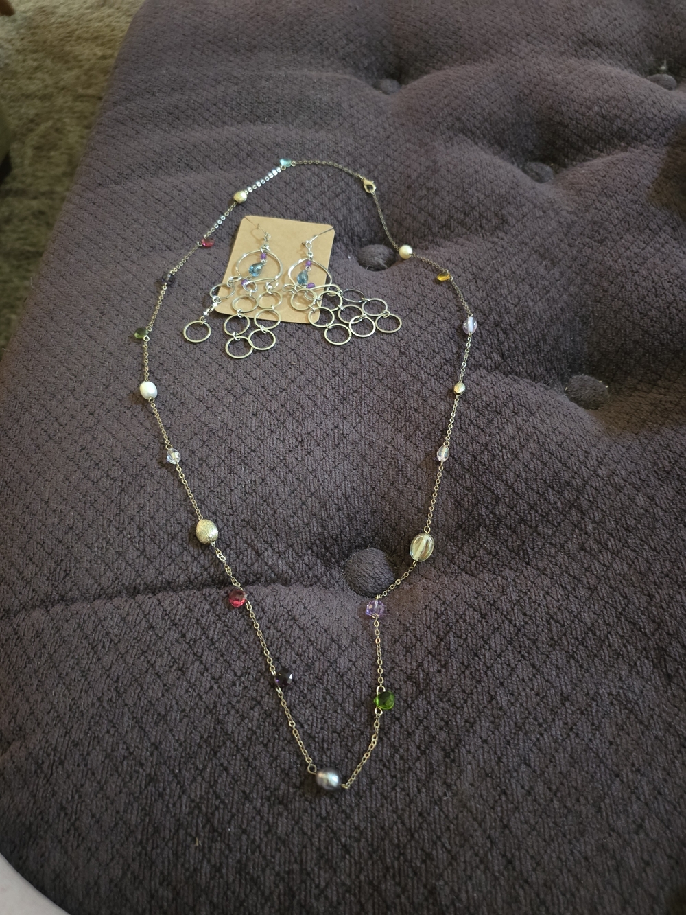Multi-Color Beaded Station Necklace and Hoop Drop Earrings - Women Jewelry